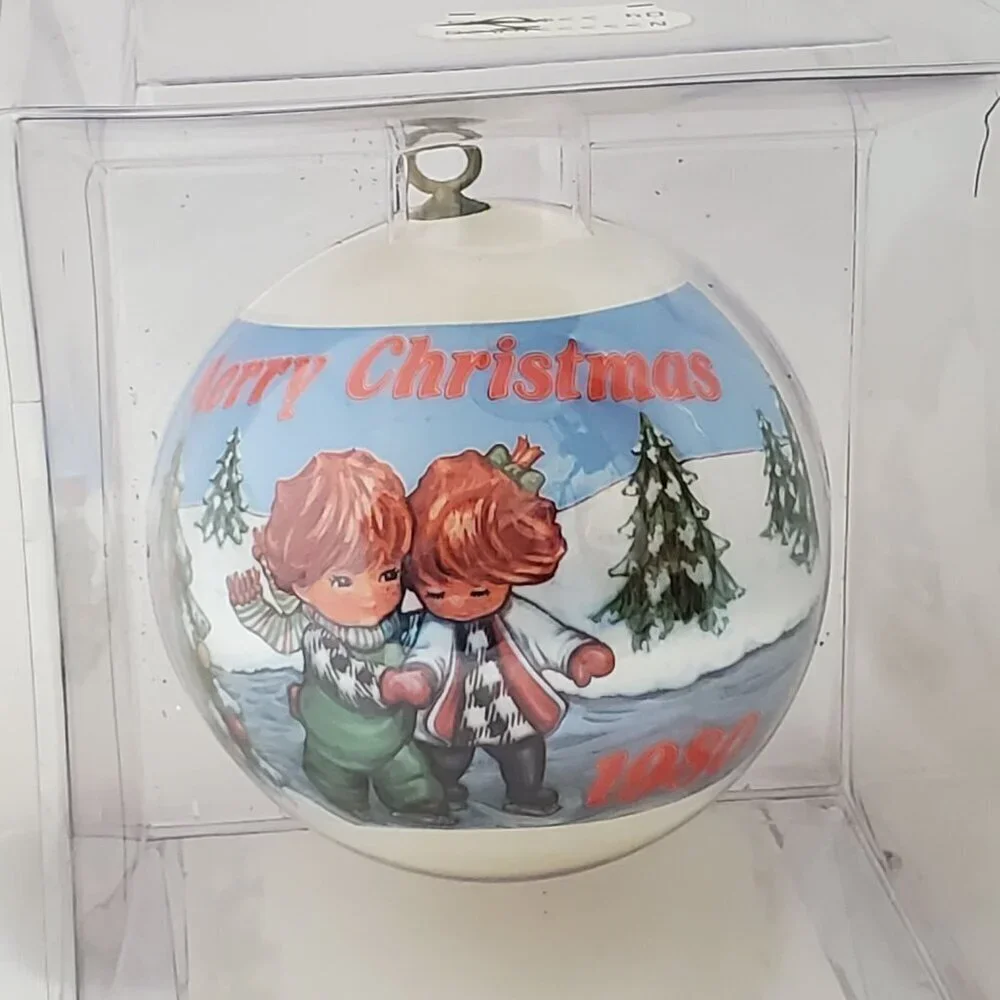 VTG Hummelwerk 1980 Redhead Skaters Satin Christmas Ornament